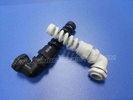 PG & Metric Thread Plastic Elbow Cable Glands, IP68 Right Angle Nylon Cable Glands with Spiral Flexible Protector