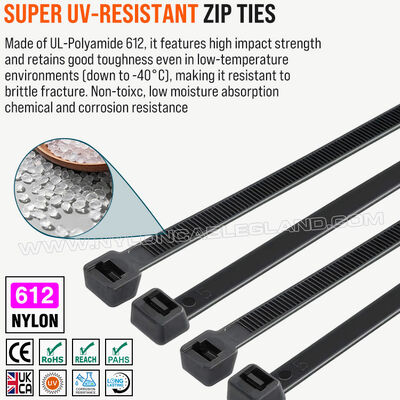 Black Nylon 612 (Polyamide 612, PA612) Cable Tie, Heavy Duty, UV & Weather Resistance, 350mm x 7.6, For Outdoor Solar Facilities