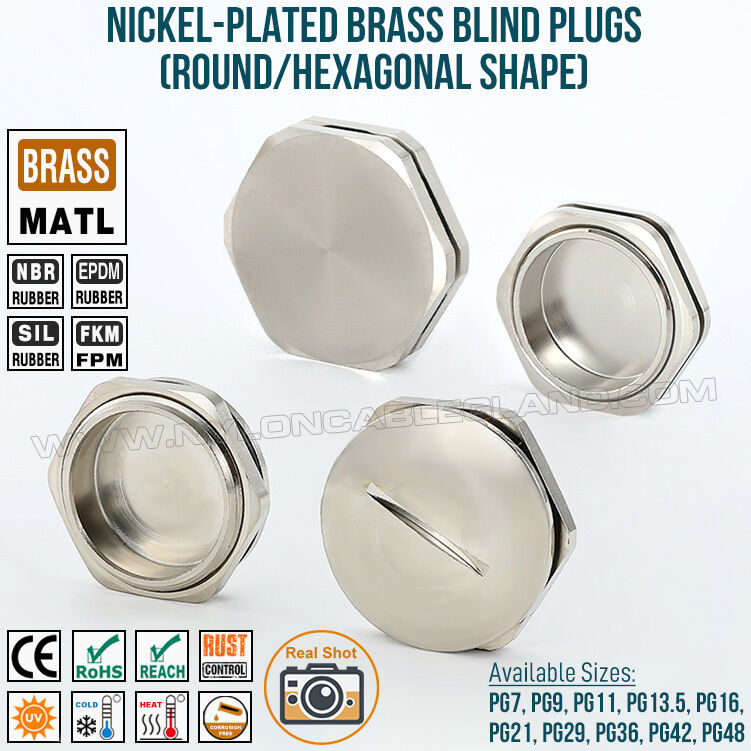 Nickel-Plated Brass Metal Blind Plug IP68 c/w Locknut & O-ring, Hex or Round, PG7-PG48, for Sealing Enclosures