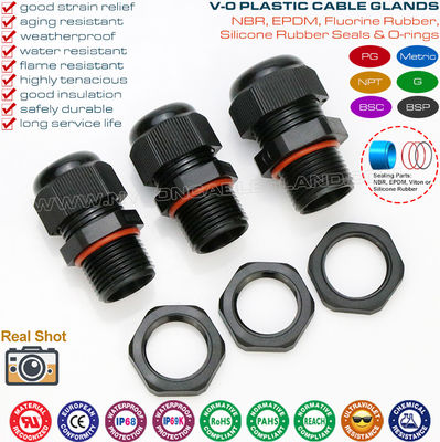 Prensaestopas ignífugos nylon poliamida negro IP68 (UL94 V-0) PG7~PG48 / M10~M75 con rosca PG o Métrica