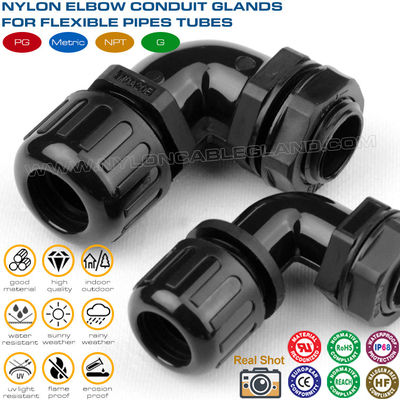 Prensaestopas conducto corrugado de plástico estanco IP68 (ángulo 90°) con rosca métrica para tubos flexibles AD13-AD48