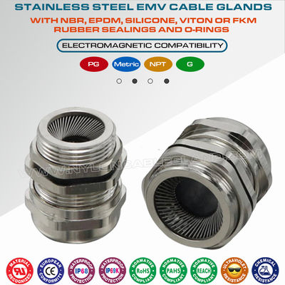Prensaestopas EMC/EMV para cables apantallados, rosca PG, acero inoxidable SS304, SS316 y SS316L