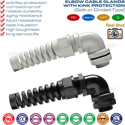 Prensaestopas flexibles PG plástico en codo de 90 grados (ángulo recto) con protector de cable en espiral