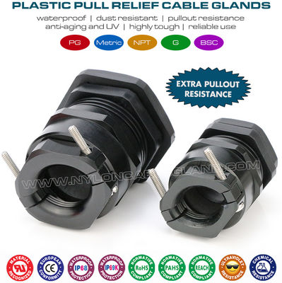 Prensaestopas PG y métrico de plástico IP68 negro RAL9005 con abrazadera metálica adicional (alivio de tracción)