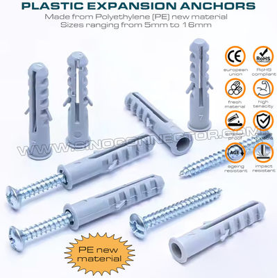 Tacos (anclajes) de expansión de plástico con tornillo, alas dobles, tipo pez, polietileno, Ø5~Ø16mm, para pared de hormigón