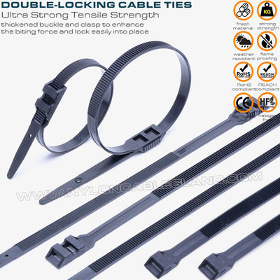 Bridas doble cierre /corbatas presillas bridas con doble cabeza plana, negras, nylon (PA) 6.6, 760 x 9mm, 110 lb, 500 N, Ø20~220mm, uso exterior