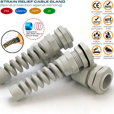 Prensa estopa espiral /conector glándula flexible con alivio de tensión espiral nylon (poliamida) 6 PG11 IP68 para cable de 5-10mm