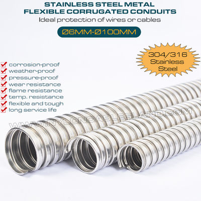Conductos corrugados flexibles de metal Ø6mm~Ø100mm, tubos ondulados de acero inoxidable 316 & 304 con tensión axial 36 kgf~600 kgf para protección de cables