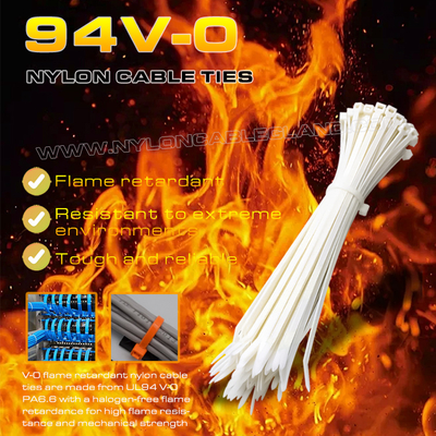 94V-0 Nylon 6.6 Cable Tie 150x3.6mm, Ø3~35mm Reglable Retardante de llama Polyamide Zip Tie para aplicaciones resistentes a la llama