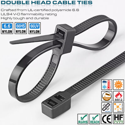 Presilla correilla brida amarra de plástico de doble cabeza (nylon 6.6 / PA 6.6) 300 x 4.8 mm, diseño de doble bucle, 50 lb, UL94 V-2, uso versátil