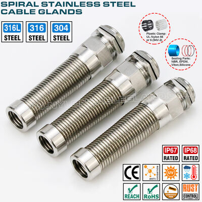 Conectores glándula de acero inoxidable IP68, alivio de tensión en espiral, Inox 304, 316 o 316L, paso métrico, M12-M50