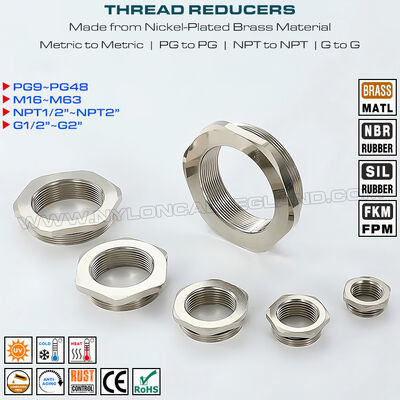 Adaptadores reductores roscados metálicos de latón niquelado (Métrico a Métrico, PG a PG, NPT a NPT, G a G)