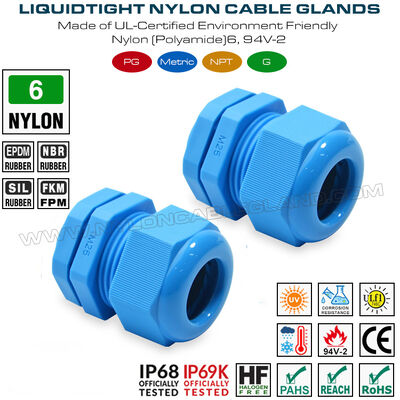 Conector de cable a prueba de agua M25x1.5 Glándula de cable de plástico IP68, 13-18mm Range, Nylon (PA 6, UL746C-f1 Calificado, uso al aire libre
