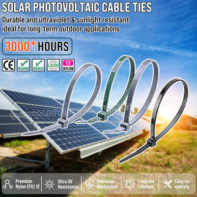 Brida de nailon nylon (PA) 12 resistente a los rayos UV 300 mm x 4,8 (Ø 3-80 mm), excelente resistencia a la sal y a los productos químicos, para la industria solar fotovoltaica