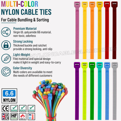 Brida de color 200 mm x 4,8 mm, brida de nylon 66 multicolor ajustable de 3-50 mm (222 N / 50 lb) para la gestión visual de cables