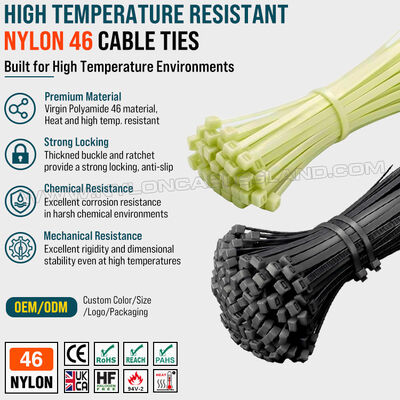 Brida amarra abrazadera atadura corbata de nylon 46 (poliamida 46, PA46) alta resistente al calor, 300 mm x 7,6 mm, 130 lbs / 560 N, para entornos de alta temperatura
