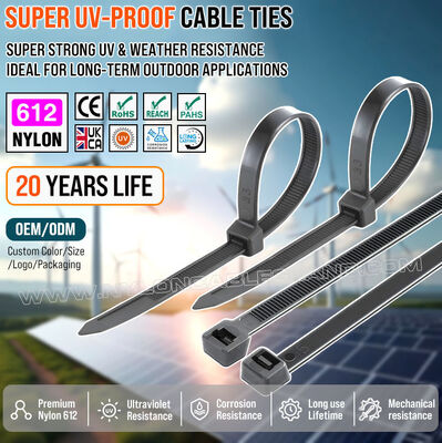Precinto suncho zuncho fleje tira tirraje tirilla tirrap amarre de nylon 612 (poliamida 612, PA612) negra, alta resistencia, resistente UV y intemperie, 350 mm x 7.6, para instalaciones exteriores