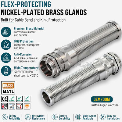 Prensaestopa metálico helicoidal espiral de latón niquelado con alivio de tensión, PG13.5 (Ø 6-12 mm), DIN 40430/EN 62444,  para protección de los cables contra curvatura excesiva