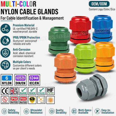 Glándulas de cable de color, nylon 6 (poliamida 6, PA6), PG13.5 (6-12 mm y 5-9 mm), IP68/IP69K, para la identificación visual y la organización de cables