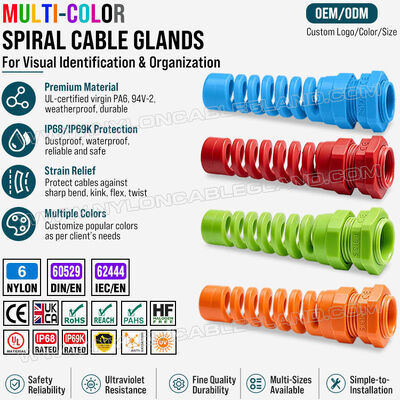 Glándula de cable de alivio de tensión de color Nylon 6 (poliamida 6/PA6), PG13.5 (Ø 6-12mm y 5-9mm), IP68 y IP69K, para la identificación y organización de cables
