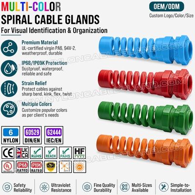 Prensaestopas espiralado de colores de nailon 6 (poliamida 6/PA6) con alivio de tensión, PG13.5 (Ø 6-12 mm y 5-9 mm), IP68 e IP69K, para la identificación y organización de cables