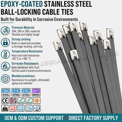Bridas metálicas recubiertas de resina epoxi negra con cierre por bola, acero inoxidable 316L/316/304, ancho 7.9 mm x largo 150-1000 mm, para ambientes corrosivos
