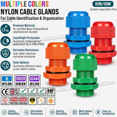 Conectores glándula de plástico (nylon, nailon) de colores PG13.5 con rosca larga, IP68/IP69K, para cables de 6-12 mm o 5-9 mm