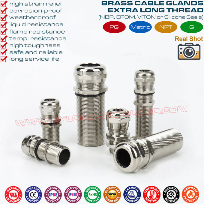 Conector prensacaño pasacable prensaestopa rosca larga, racores prensacables glándula para cable metálicos de latón IP68/IP69K con rosca extralarga PG7~PG48 y M12~M63 para panel grueso