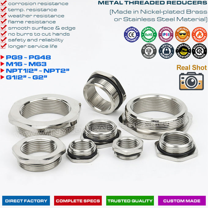 Reductores roscados (ampliadores rosca, convertidores rosca, adaptadores rosca) de latón niquelado IP68 para prensaestopas