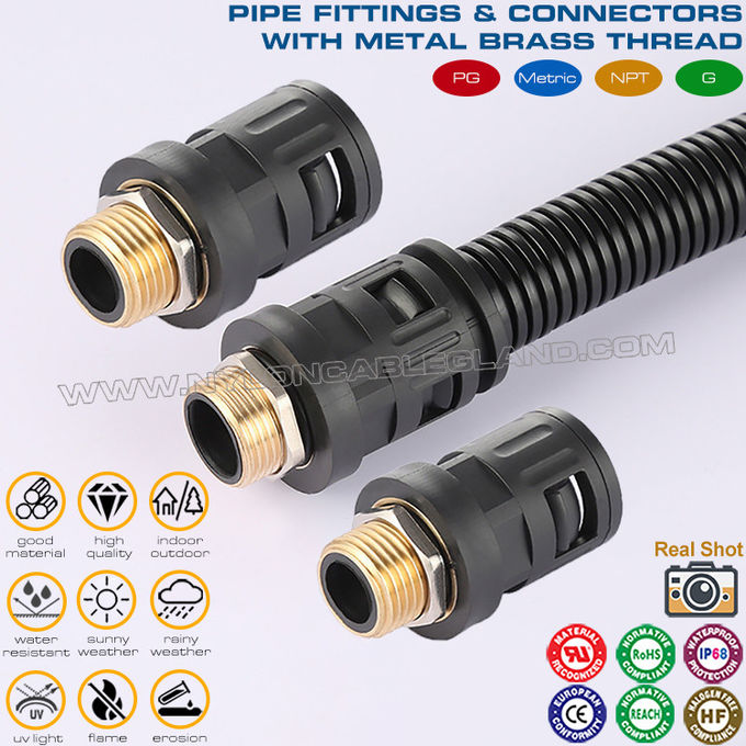 Conectores rectos impermeables (racores para tuberías) con rosca macho de latón PG7~PG48 para conductos flexibles corrugados plásticos AD7~AD108