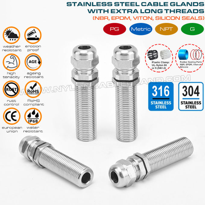 Prensaestopas de rosca larga IP68, acero inoxidable EN 1.4404/1.4401/1.4301, métrica M12~M100, para cajas de gran espesor