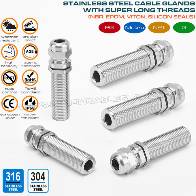 Conectores glándula prensaestopas metálicos de rosca métrica larga, versión IP68, acero inoxidable 316L/316/304, M12x1,5 a M100x2, para cajas eléctricas de gran espesor