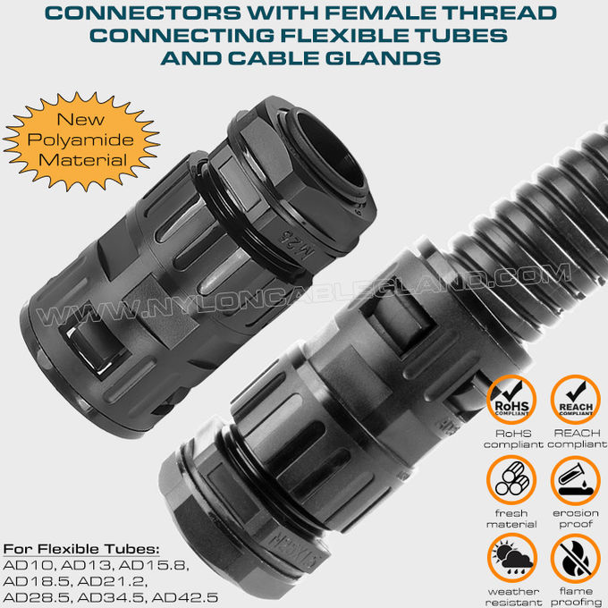 Conectores rectos rosca hembra (racores para tubos) nylon 6 negro conectando tubos flexibles AD10~AD42.5 y prensaestopas métricos/pg para protección de cables