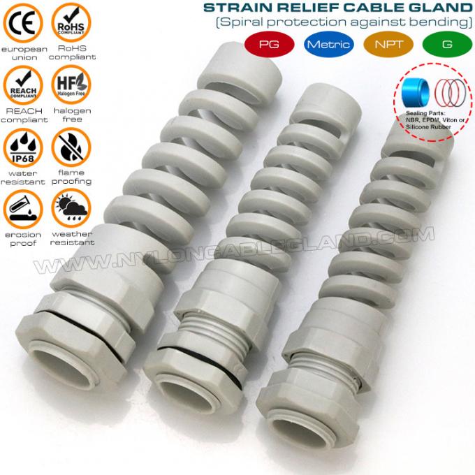 Prensaestopas espiral de nailon 6 paso PG IP68, prensacable con alivio de tensión PG11 conector prensacaño flexible de poliamida 6 gris para cable de 5-10mm
