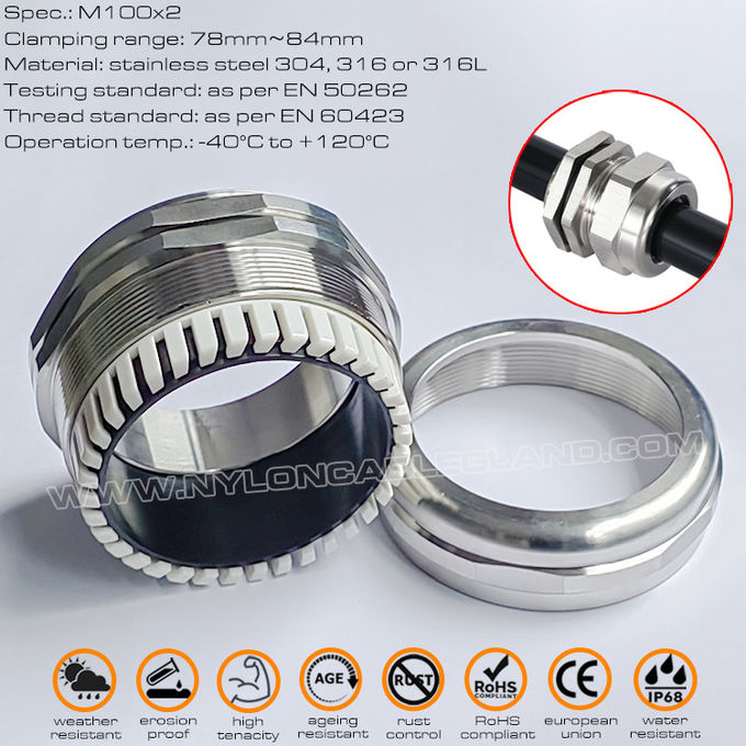 Conector tipo glandula cable métrico de acero inoxidable 304, 316, 316L, clasificación IP68, EN 60423, M100x2,0, para rango de 78~84 mm