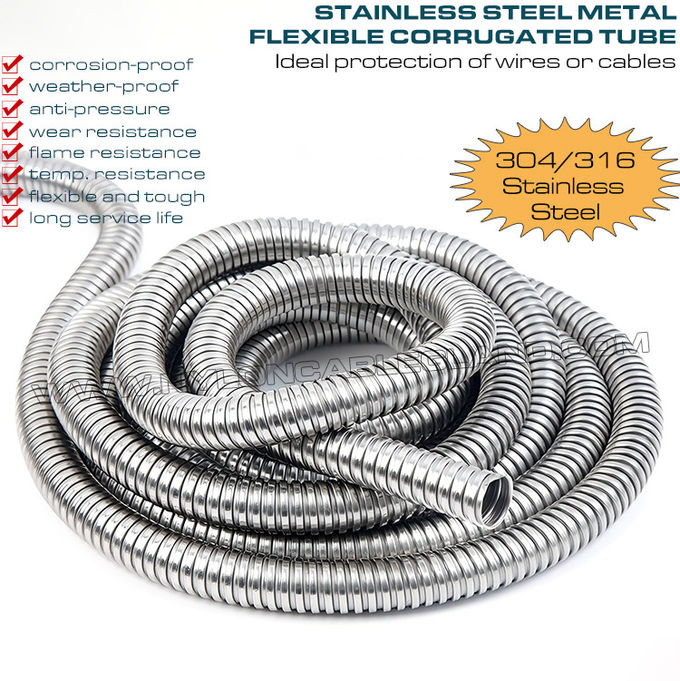 Tubo conducto corrugado ondulado flexible DN20 de acero inoxidable 304/316 (Ø20 mm x Ø24,3 mm) 50 metros/rollo para la protección de cables