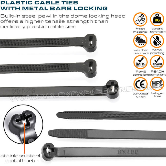 Brida de nylon con lengüeta inoxidable 400mm x 8mm, brida plástica ajustable de Ø9-108mm con diente metálico 550N (112 libras) para construcción naval