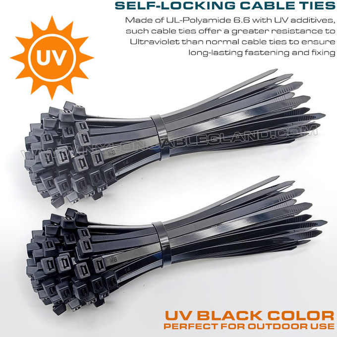Cinta cintilla sujetacable poliamida 6.6 resistente UV ultravioleta, cincho cintillo precinto amarre de plástico negro 200mm x 4.8 (22kgs, 50lbs) para entornos UV altos