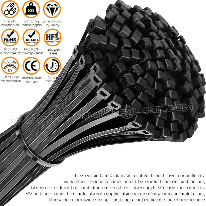 Cincho cintillo amarre de nailon 6.6 resistente al sol ultravioleta, tirraje precinto amarre plástico negro 200 mm x 4.8 (22kgs, 50lbs, 222N) para entornos con alta exposición a los rayos UV