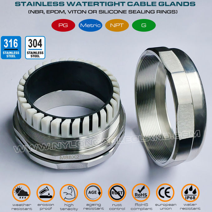 Prensaestopa impermeable acero inoxidable 304, conector glándula métrico M88x2 acero inoxidable 316 ajustable de 65~70mm IP68 para cables grandes