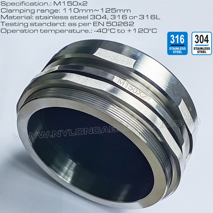 Conector glándula prensaestopa pasacable M150x2 de acero inoxidable 304/316 para cables de 110-125 mm